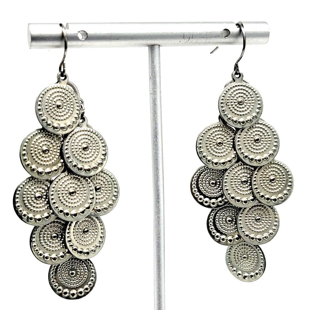 Faux Coin Dangle Drop Earrings Silver Tone Embossed Design Belly Dance Fashion